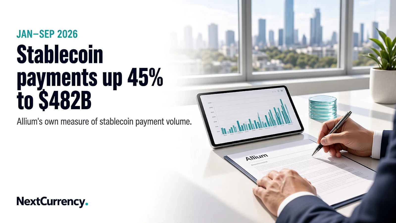 Allium: Stablecoin Payments Rose 45% to $482 Billion in January–September 2026 as Supply Grew 0.4% — editorial cover artwork