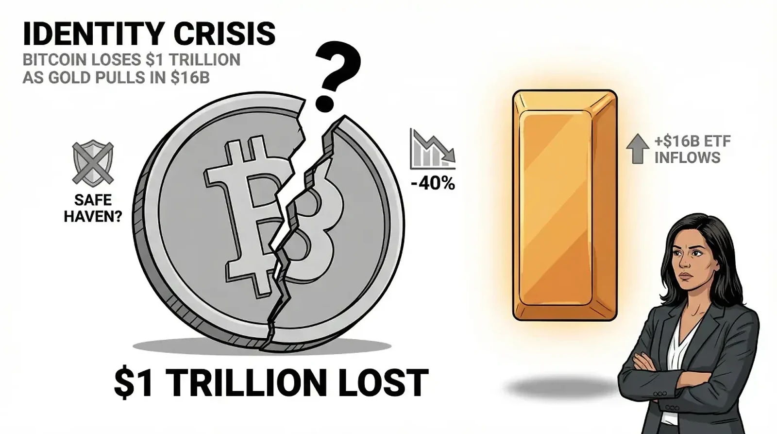 Bitcoin Faces $1 Trillion Identity Crisis as Safe-Haven Narrative Collapses — editorial cover artwork