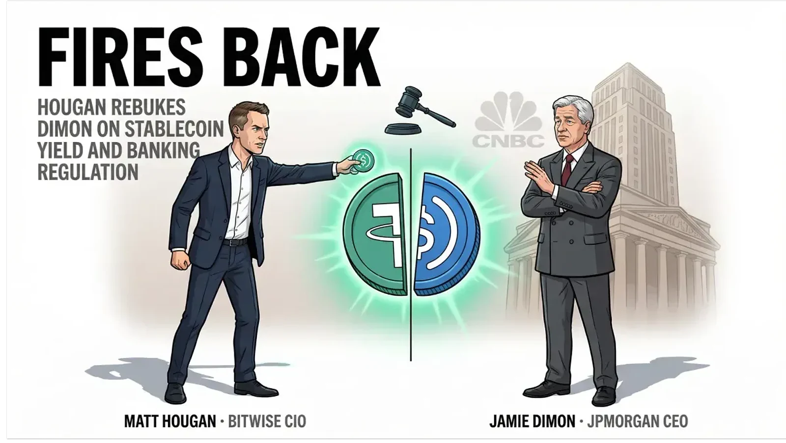 Bitwise CIO Matt Hougan Fires Back at Jamie Dimon on Stablecoin Regulation — editorial cover artwork