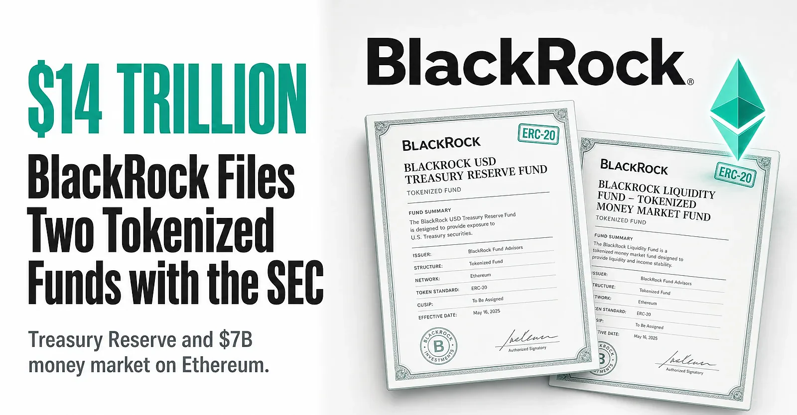 BlackRock Files for Two Tokenized Funds on Ethereum ERC-20 — editorial cover artwork