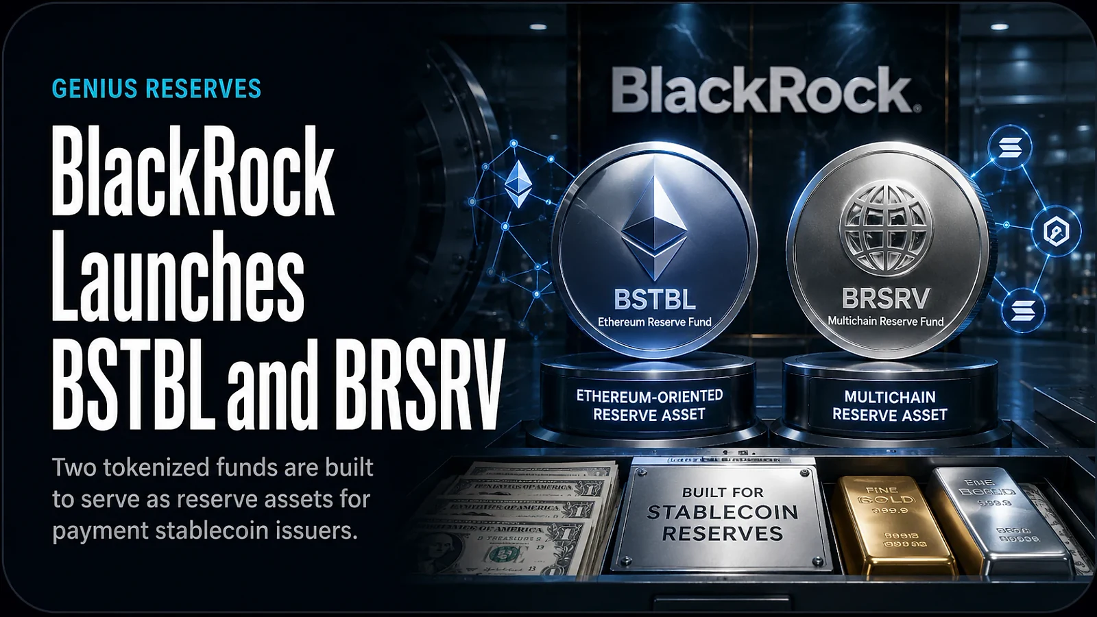 BlackRock Ships BSTBL and BRSRV: Two Tokenized Funds Built for GENIUS Act Stablecoin Reserves — editorial cover artwork