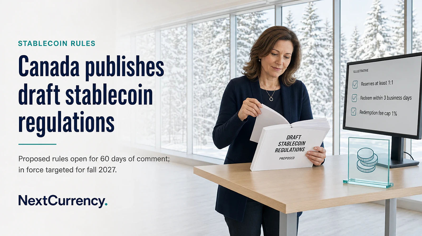 Canada Publishes Draft Stablecoin Regulations: Bank of Canada Registration, 1:1 Reserves and a Ban on Yield — editorial cover artwork