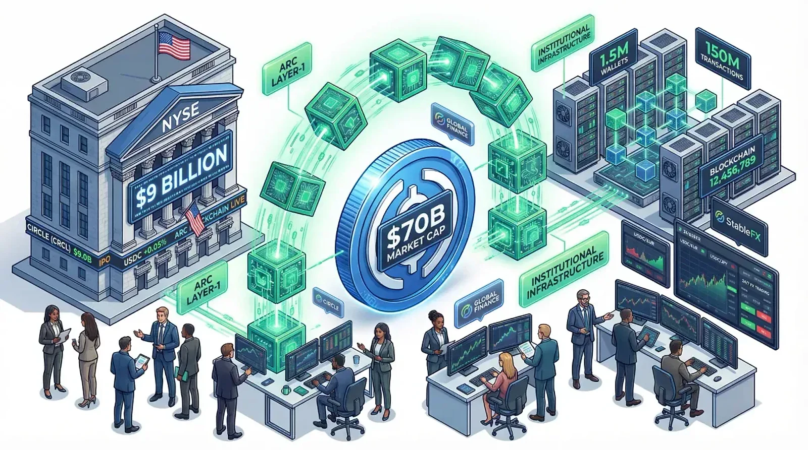 Circle Goes Public at $9 Billion Valuation: USDC Issuer Unveils Arc Layer-1 Blockchain as Institutional Stablecoin Infrastructure — editorial cover artwork