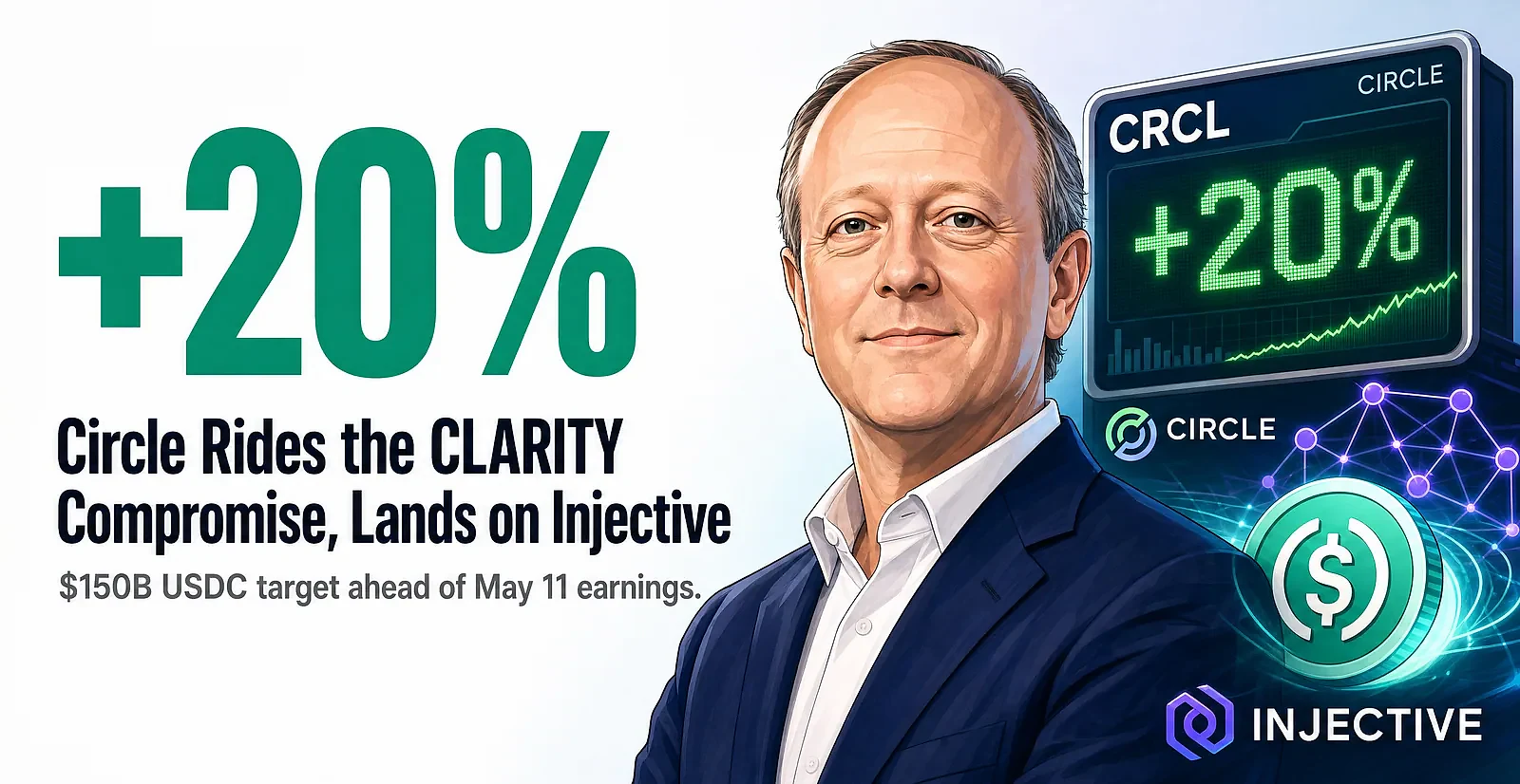 Circle Launches USDC on Injective as Stock Surges 20% on CLARITY Compromise — editorial cover artwork