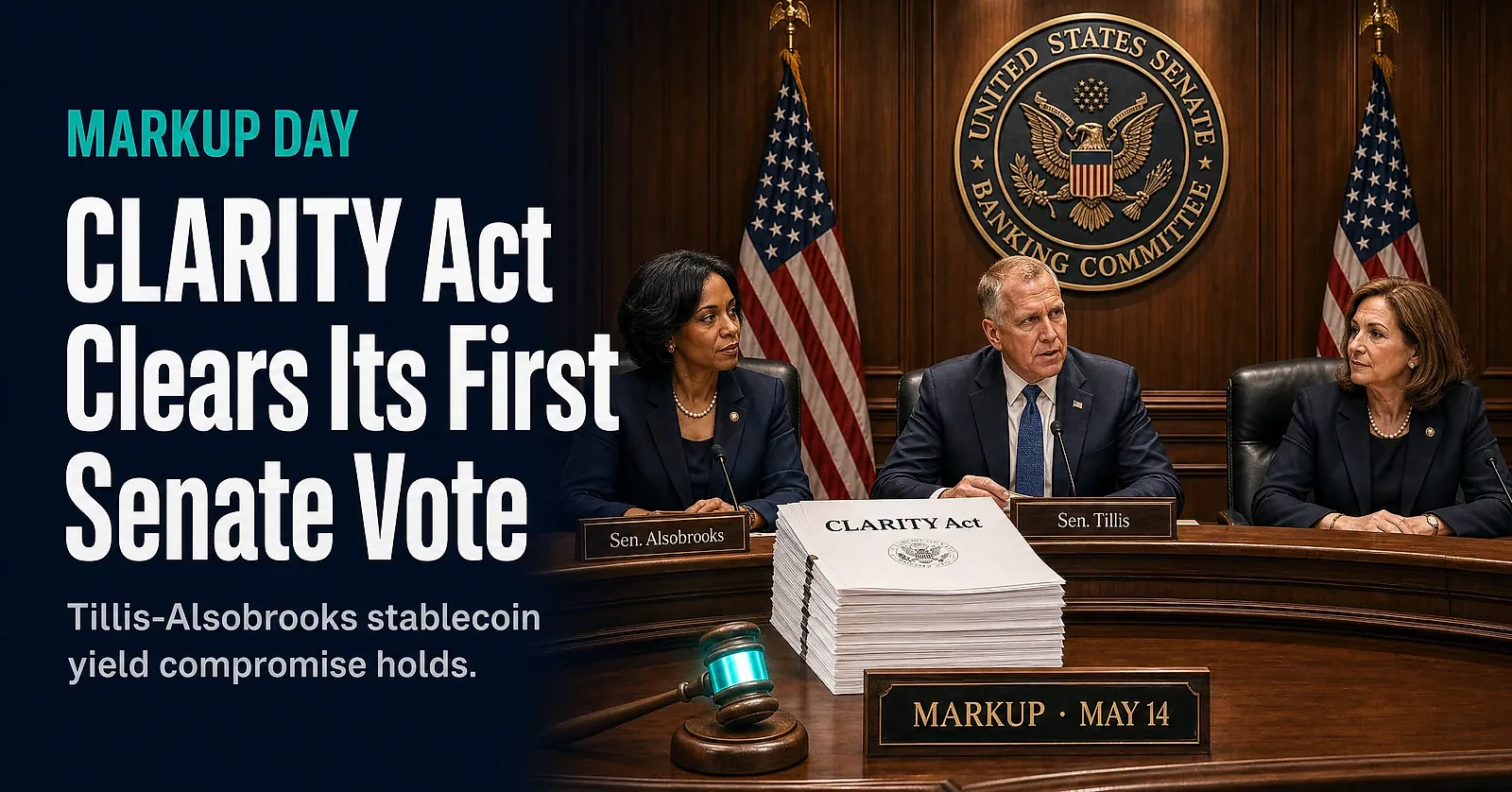 CLARITY Act Clears Senate Banking Committee Markup as Stablecoin Yield Compromise Holds — editorial cover artwork