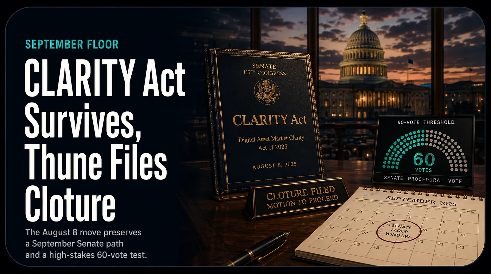 CLARITY Act Doesn't Die: Thune Files Cloture on August 8, September Floor Vote Ahead — editorial cover artwork