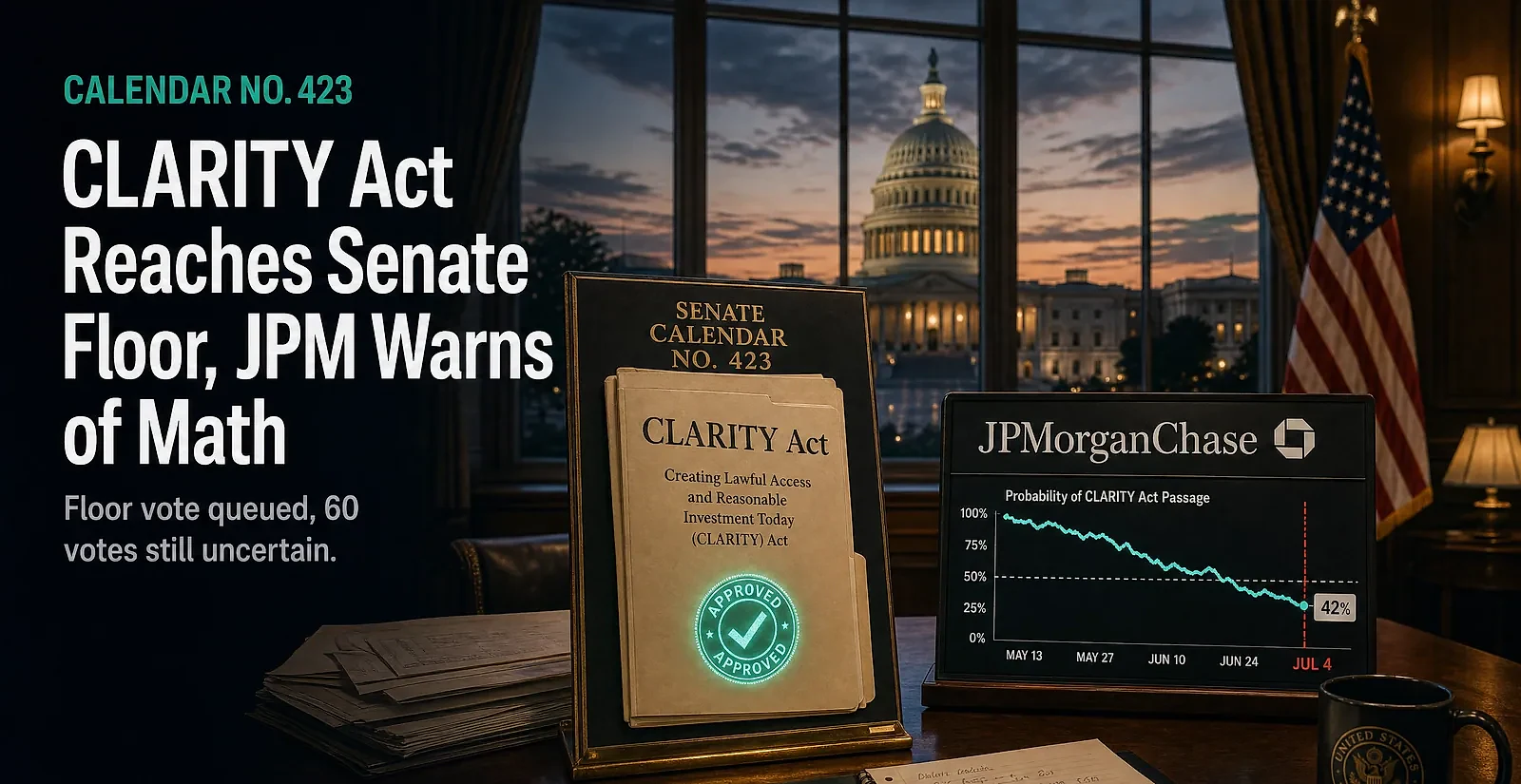 CLARITY Act Lands on Senate Calendar as JPMorgan Flags Sub-50 Percent Passage Odds — editorial cover artwork