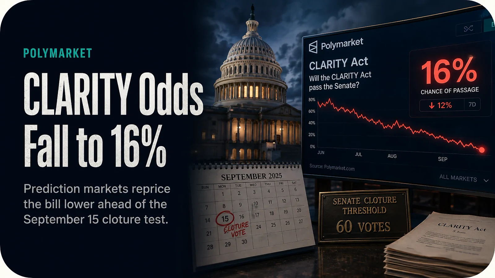Senate Rejects CLARITY Act Cloture 49–50, Leaving H.R. 3633 Stalled — editorial cover artwork