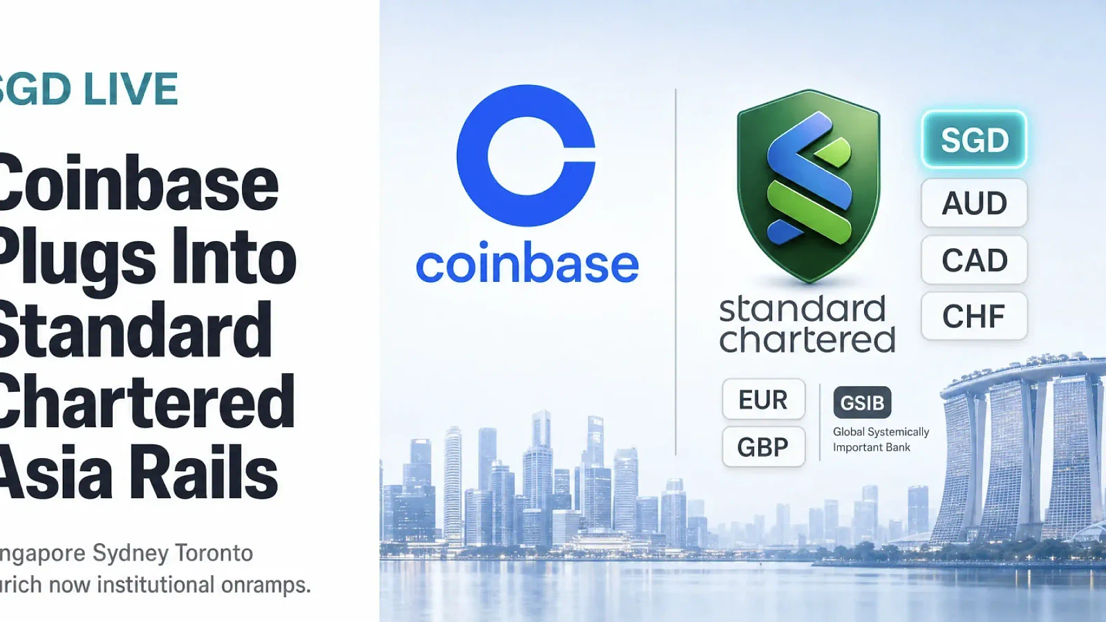 Coinbase Adds SGD, AUD, CAD, CHF Fiat Rails via Standard Chartered Partnership — editorial cover artwork