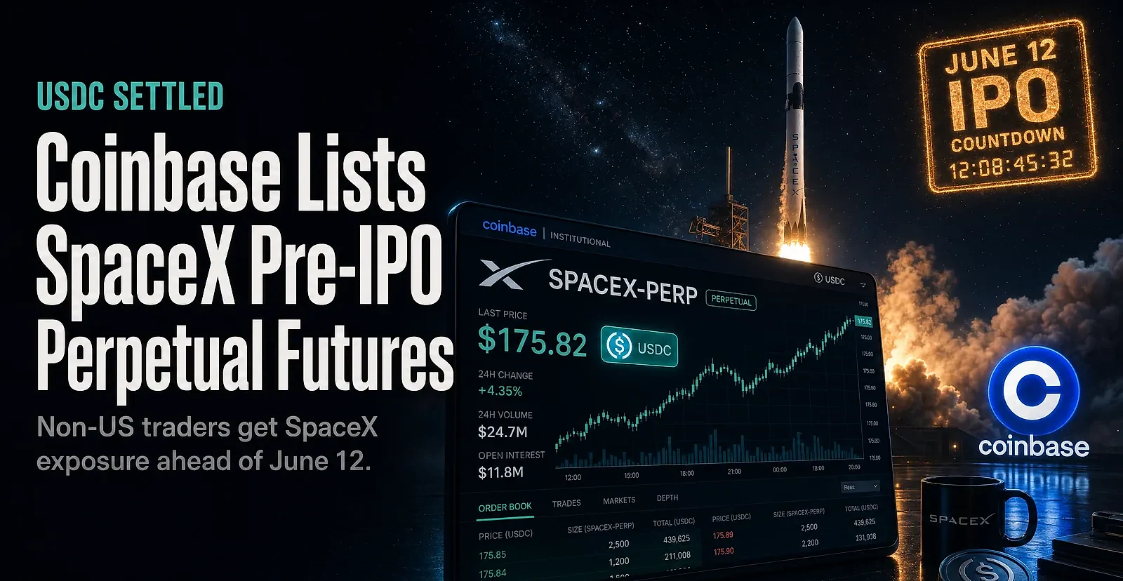 Coinbase Launches USDC-Settled Pre-IPO Perpetual Futures with SpaceX as First Listing — editorial cover artwork