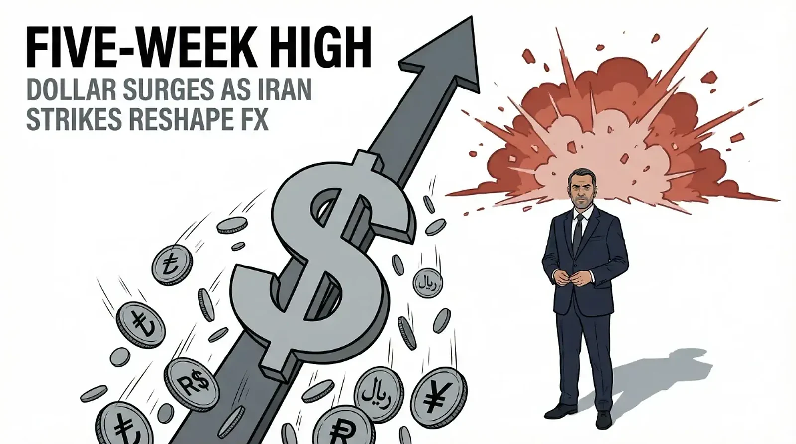 Dollar Strengthens as US-Israeli Strikes on Iran Reshape Currency Markets — editorial cover artwork