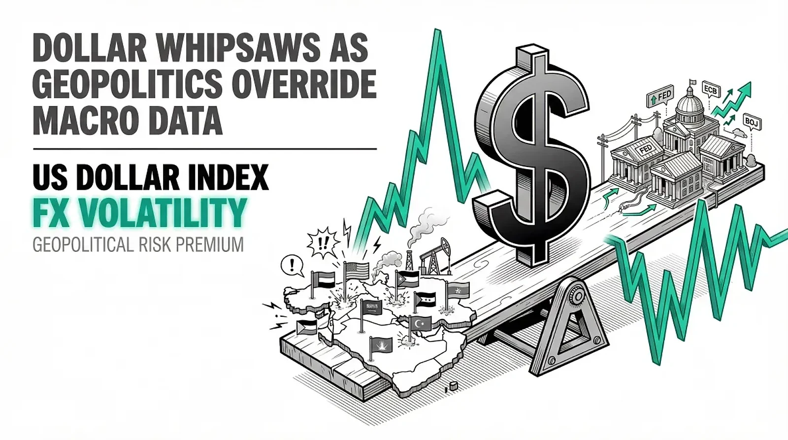 Dollar Whipsaws on Middle East Escalation as Central Bank Divergence Deepens in Week of March 18-21 — editorial cover artwork