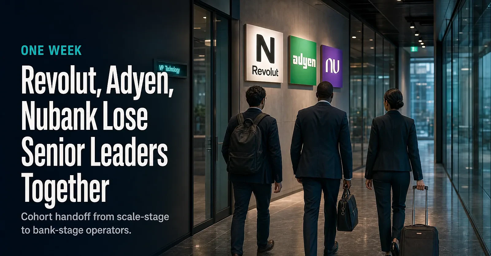 Fintech's Summer C-Suite Churn: Revolut, Adyen, and Nubank Lose Senior Leaders in One Week — editorial cover artwork