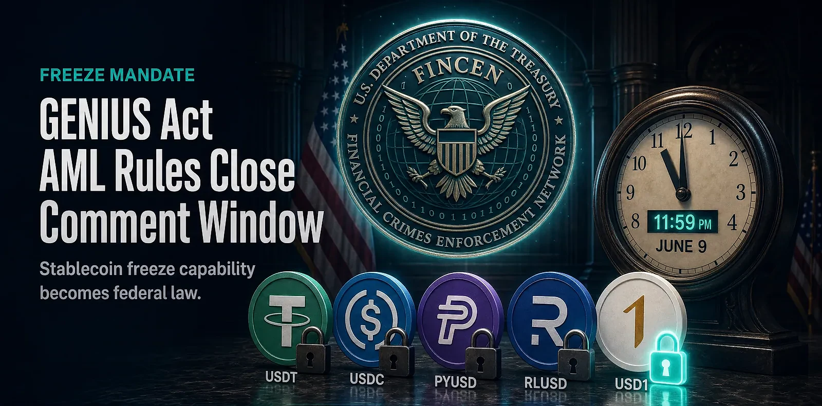 GENIUS Act AML Rules Close Comment Period as FinCEN Sets Stablecoin Freeze Mandate — editorial cover artwork