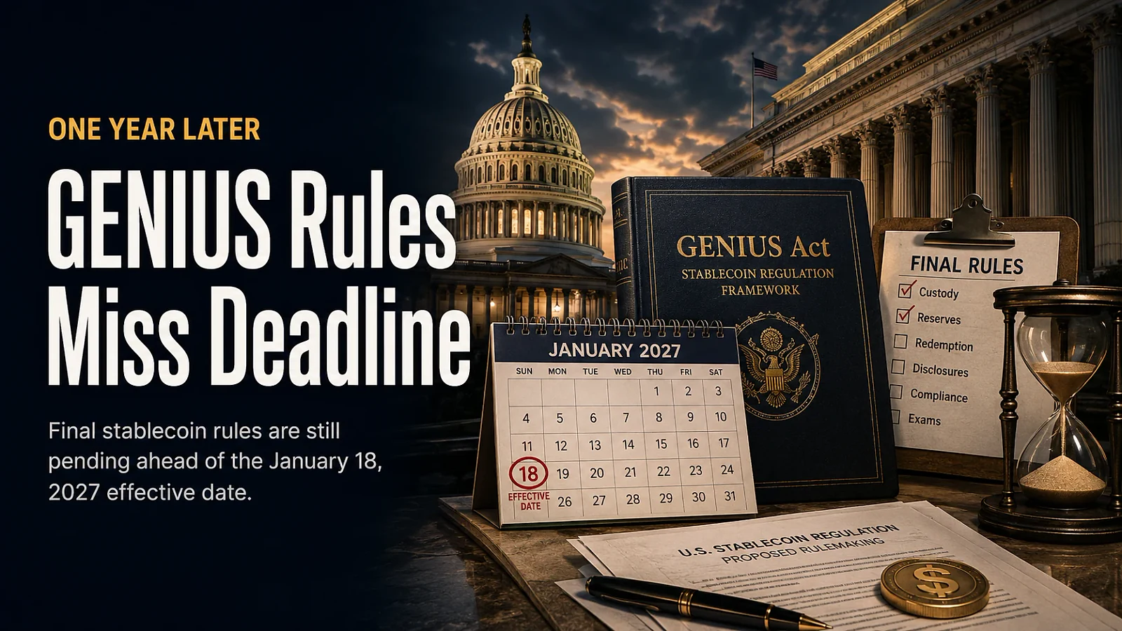 GENIUS Act One Year Later: Statutory Rule Deadline Passes with Final Rules Still Pending — editorial cover artwork