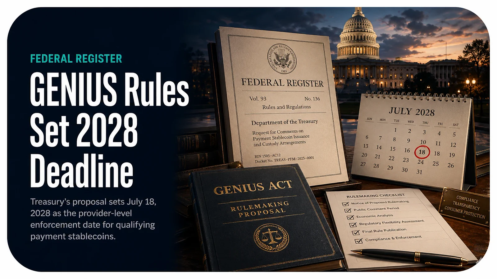 GENIUS Act Proposed Rules Land in Federal Register with July 18, 2028 Enforcement Date — editorial cover artwork