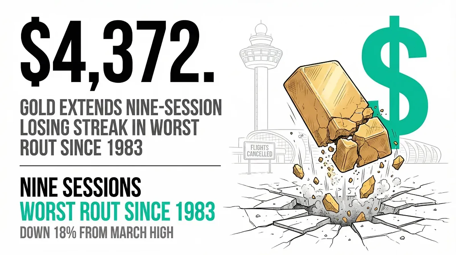 Gold Extends Nine-Session Losing Streak to $4,372 as Physical Supply Lines Fracture — editorial cover artwork