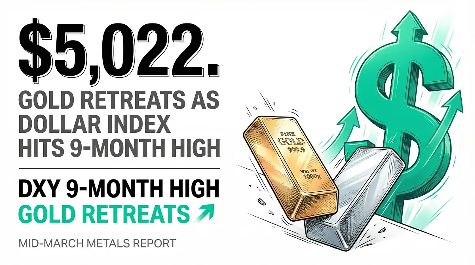 Gold Retreats to $5,022 and Silver Drops to $80.54 as Dollar Index Hits 9.5-Month High — editorial cover artwork