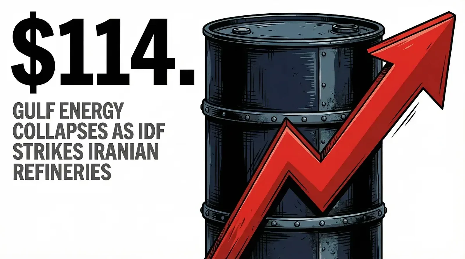 Gulf Energy Production Collapses as IDF Strikes Iranian Oil Refineries and Brent Surges Past $114 — editorial cover artwork