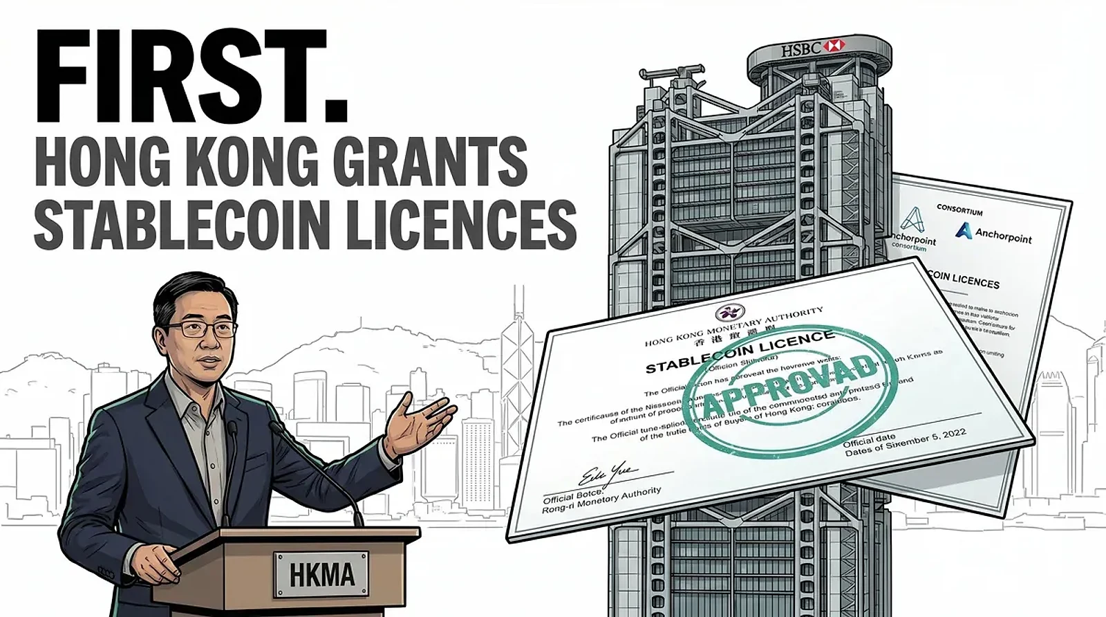 HKMA Grants First-Ever Stablecoin Issuer Licences to HSBC and Anchorpoint Financial — editorial cover artwork