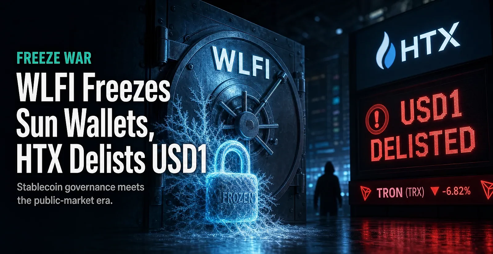 HTX Delists USD1 as World Liberty Financial Freezes Justin Sun's Wallets: A Public Stablecoin Showdown — editorial cover artwork