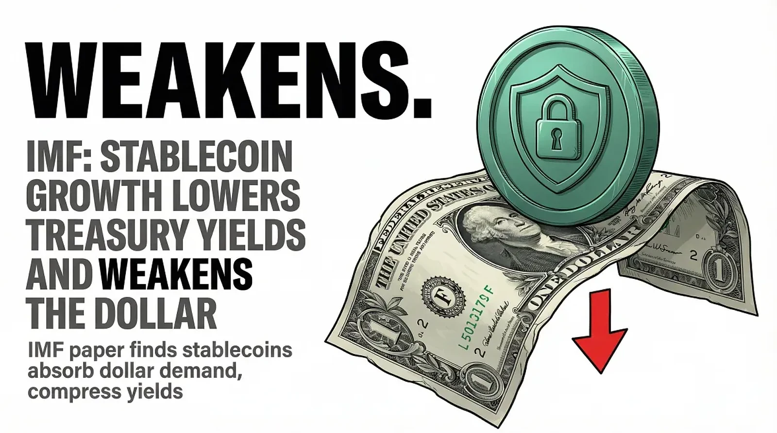 IMF Paper Finds Stablecoin Growth Lowers Treasury Yields and Weakens the Dollar — editorial cover artwork