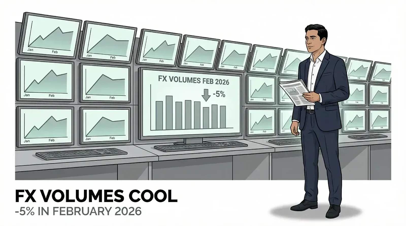 Institutional FX Trading Volumes Cool 5% in February 2026 — editorial cover artwork