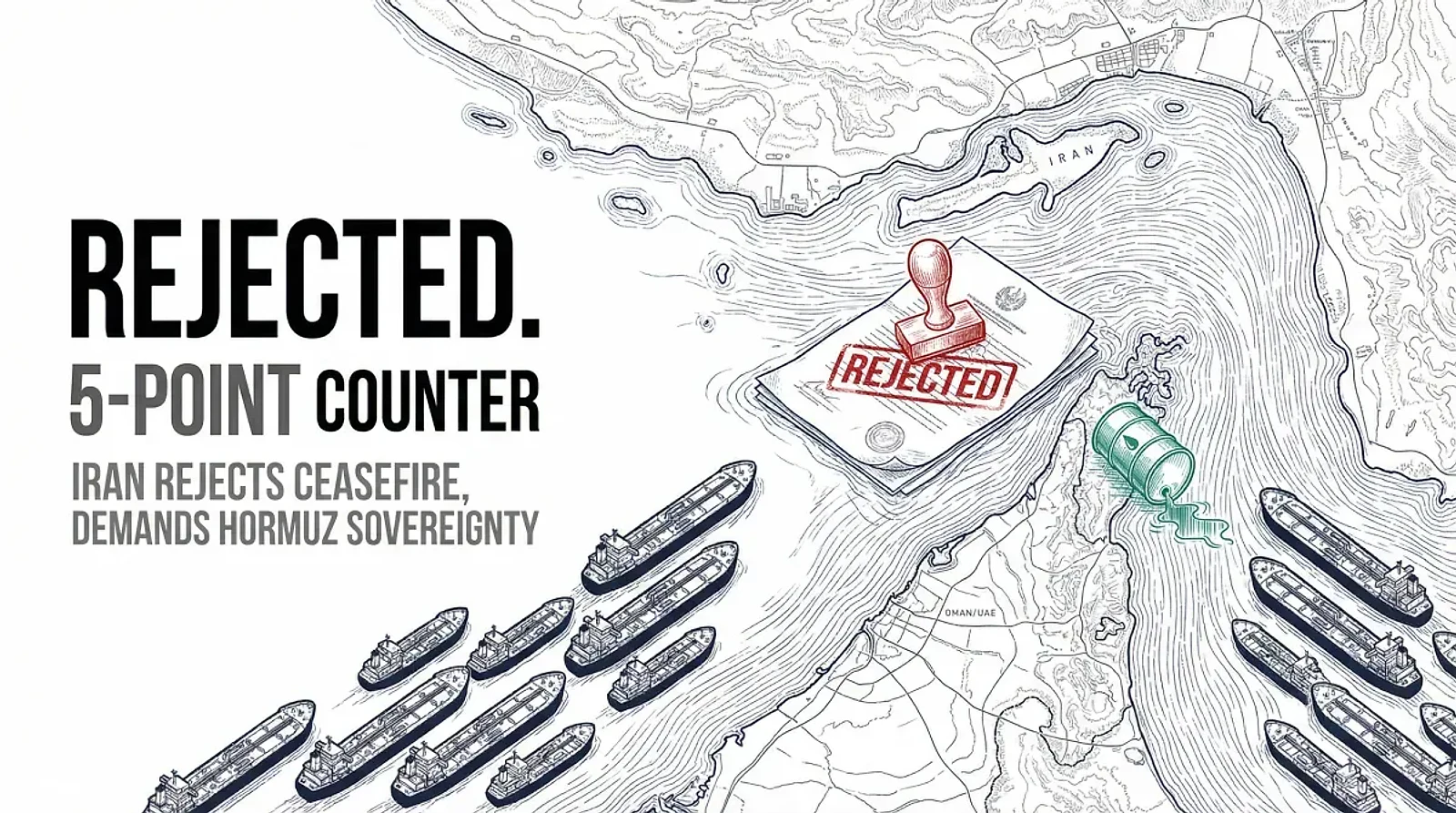 Iran Rejects US 15-Point Ceasefire, Counters with Hormuz Sovereignty Demand as Troops Deploy — editorial cover artwork