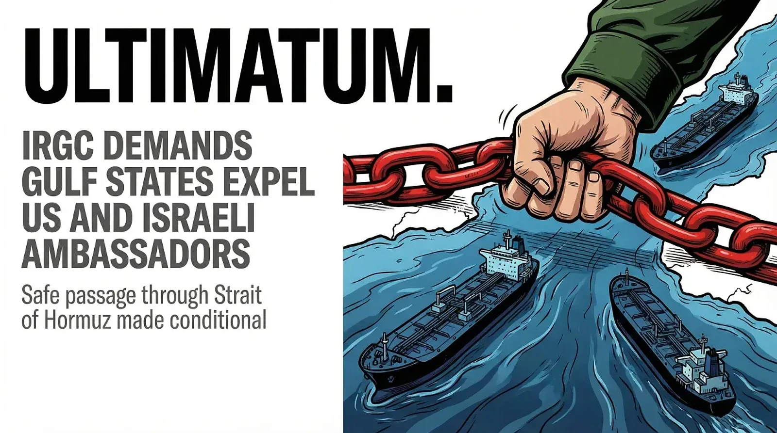 IRGC Demands Gulf States Expel US and Israeli Ambassadors in Exchange for Hormuz Safe Passage — editorial cover artwork