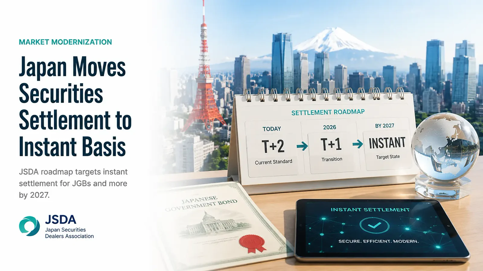 Japan reportedly studies blockchain rails for instant stock and government-bond settlement — editorial cover artwork