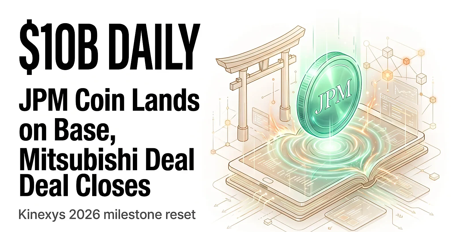 JPMorgan Kinexys Targets $10B Daily as JPM Coin Launches on Base and Mitsubishi Deal Lands — editorial cover artwork