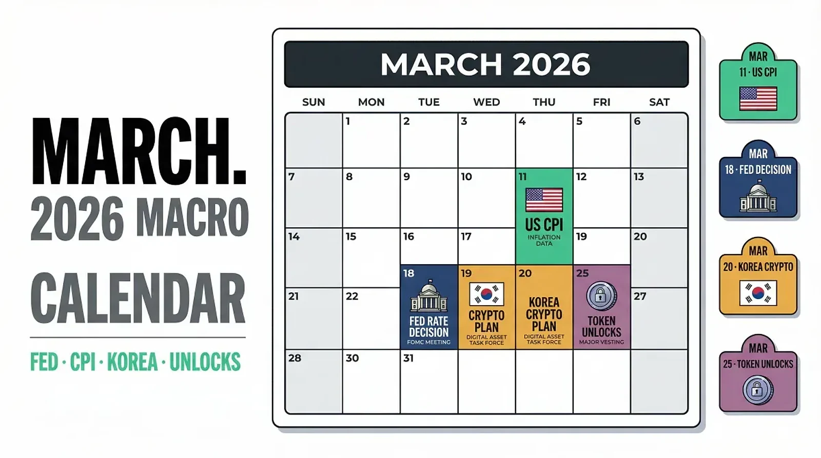March 2026 Macro Calendar: From the Fed Rate Decision to Korea's Digital Asset Plan — editorial cover artwork