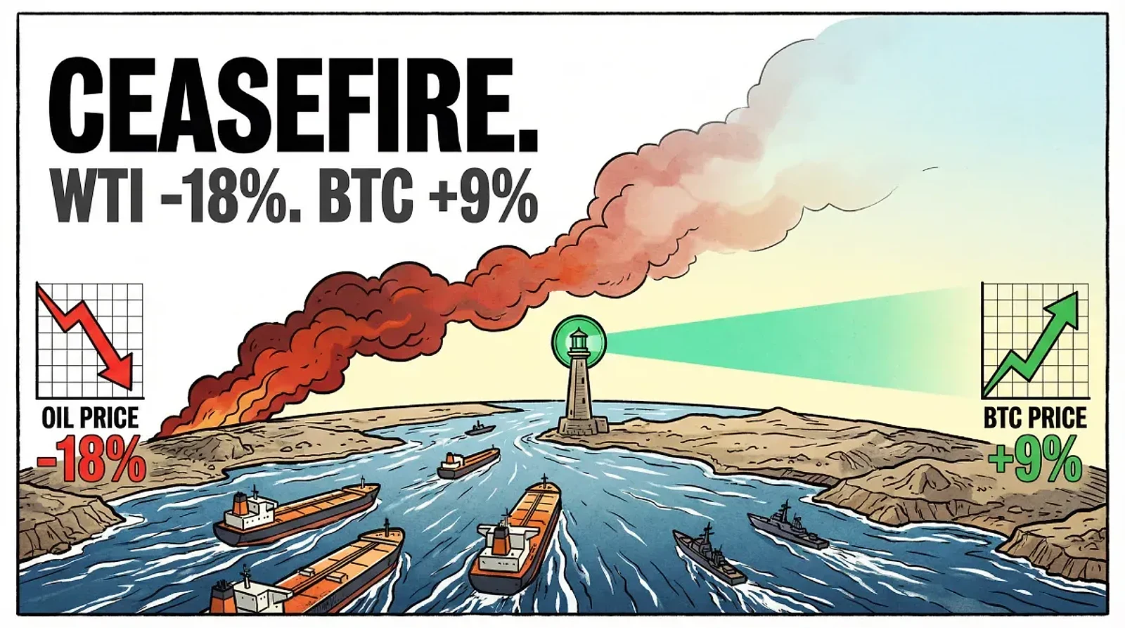 Markets Surge as US and Iran Agree to Two-Week Ceasefire, Reopening Hormuz Corridor — editorial cover artwork