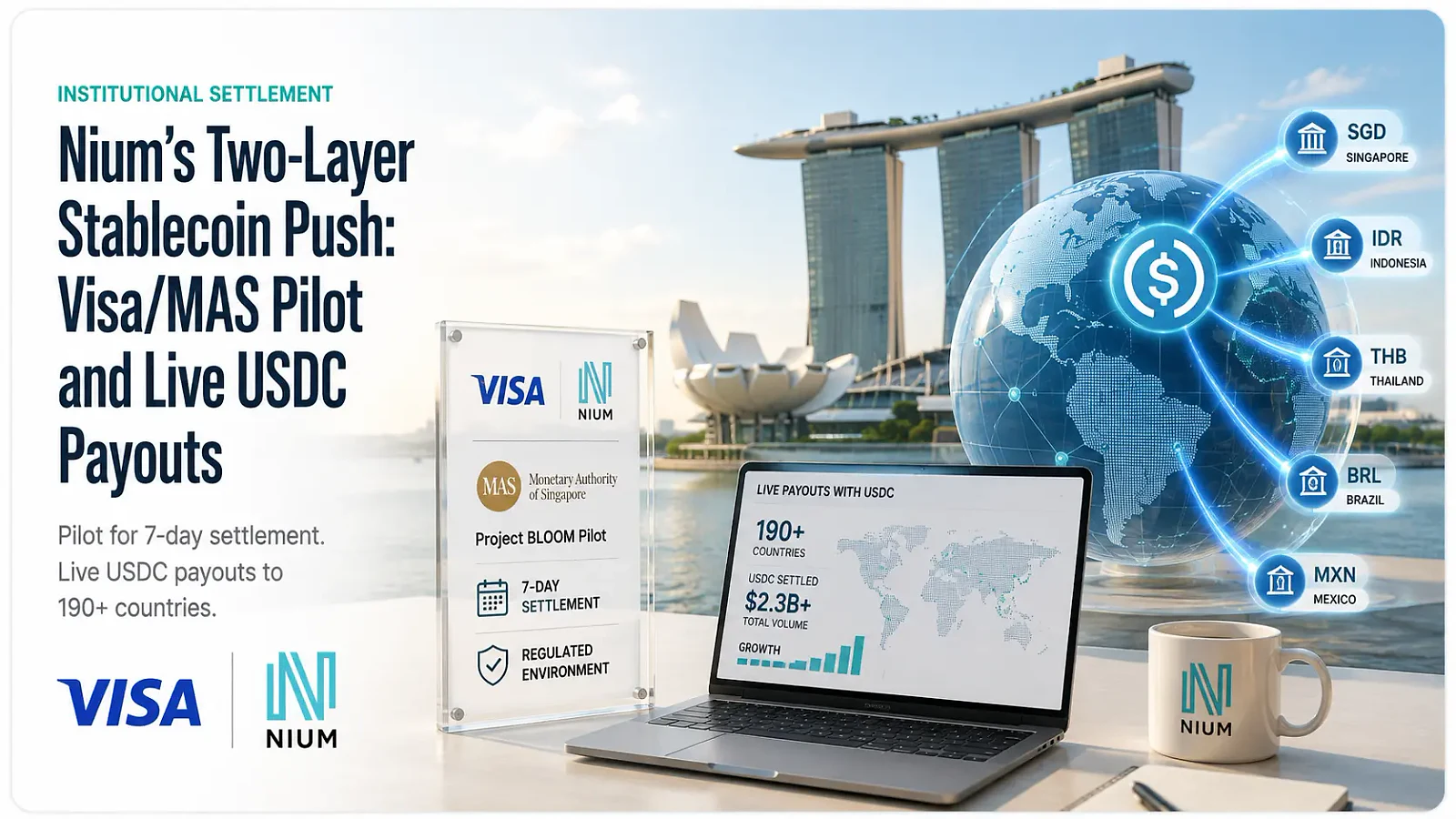 Nium links a Visa-MAS stablecoin settlement pilot to live USDC-funded global payouts — editorial cover artwork