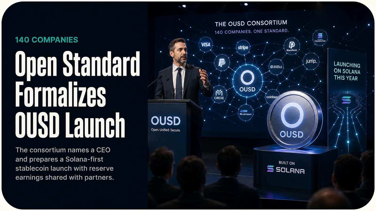 Open Standard Formalizes 140-Company Consortium, OUSD Launches on Solana This Year — editorial cover artwork