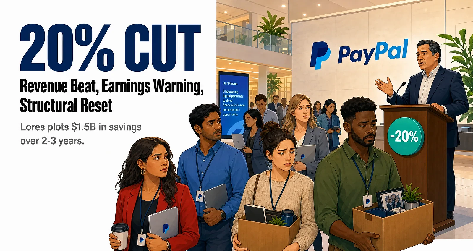 PayPal Q1 2026: Revenue Beat as Enrique Lores Plots 20% Workforce Cut and $1.5B Savings — editorial cover artwork