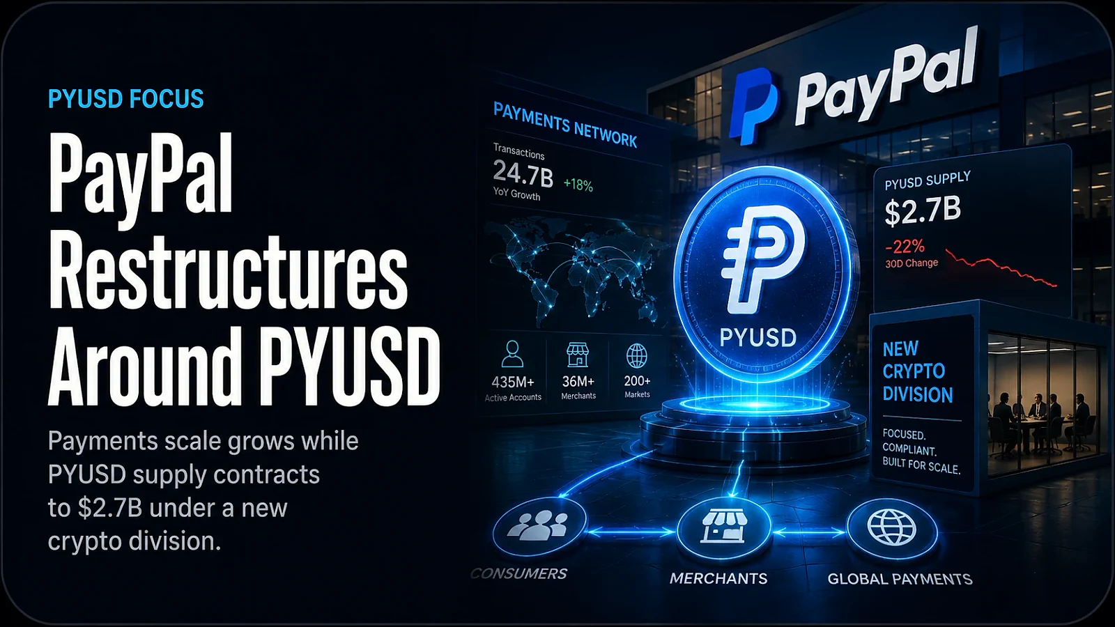 PayPal Restructures Around PYUSD as Stablecoin Supply Contracts to $2.7B — editorial cover artwork