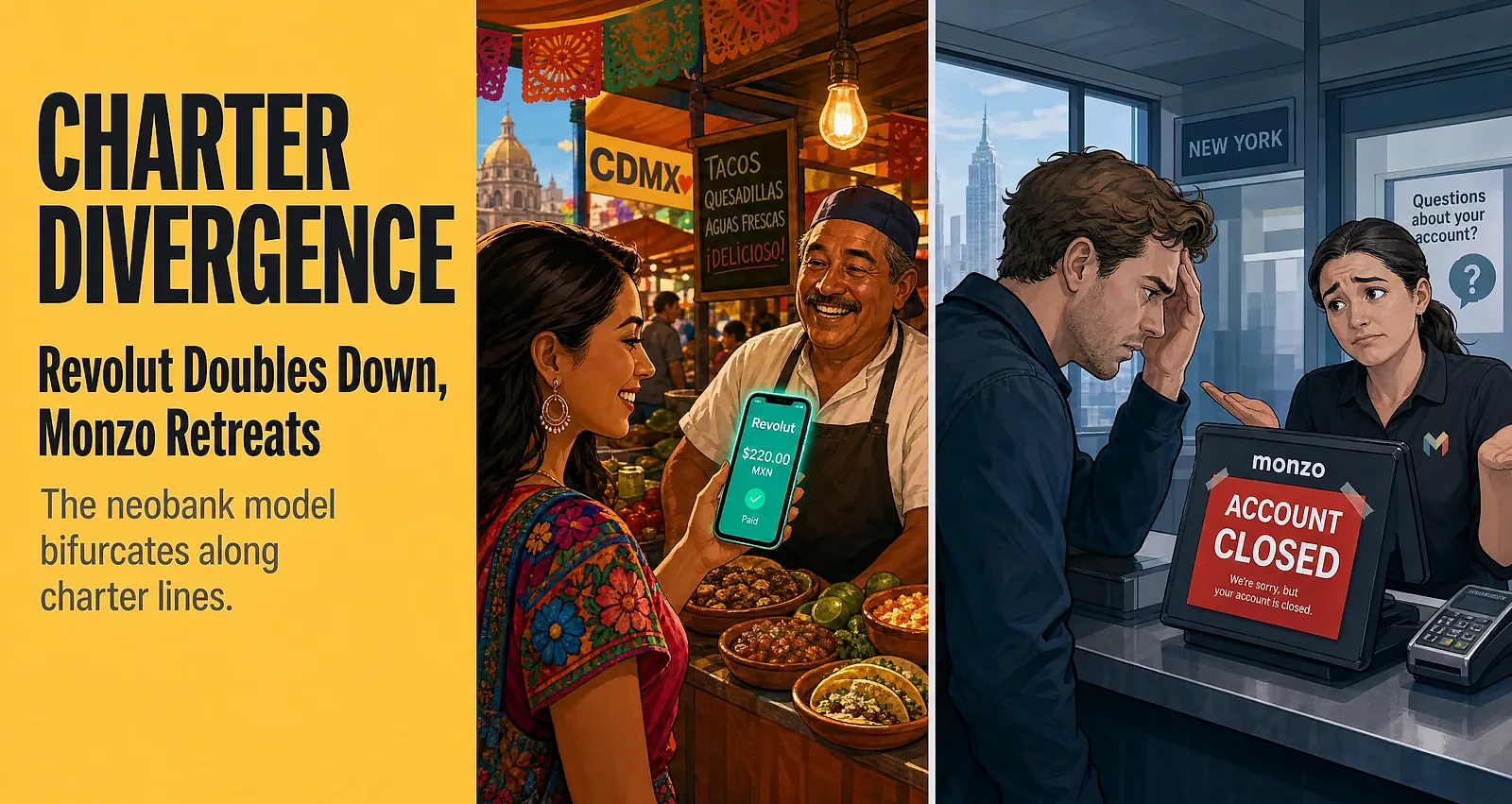 Revolut Doubles Down on Mexico While Monzo Exits the US: The Neobank Charter Divergence — editorial cover artwork