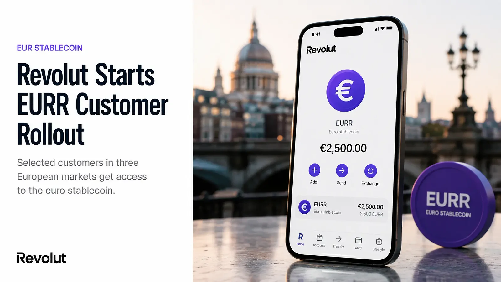 Revolut begins phased EURR rollout as euro stablecoin enters a mainstream banking app — editorial cover artwork