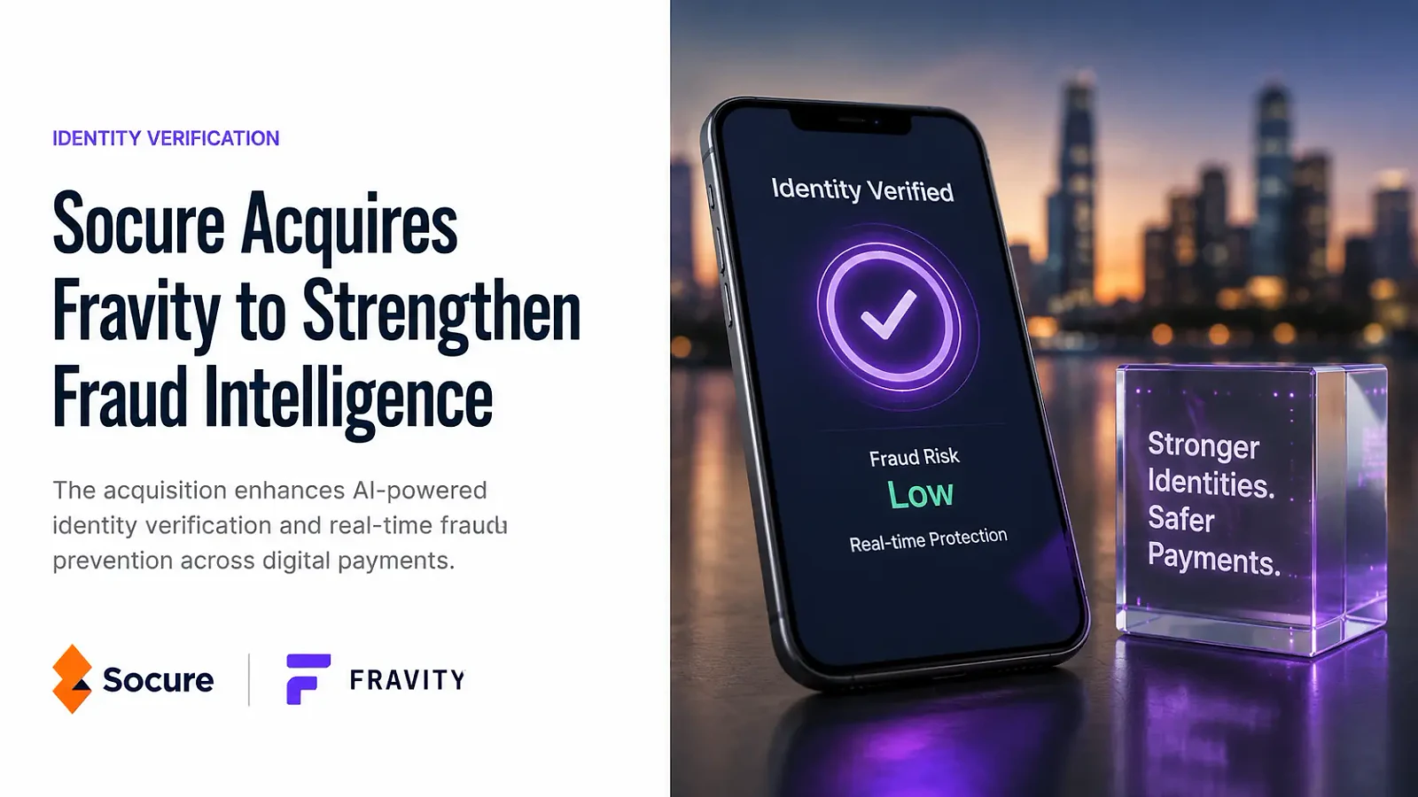 Socure raises $156 million and buys Fravity as identity infrastructure moves toward AI-agent risk — editorial cover artwork