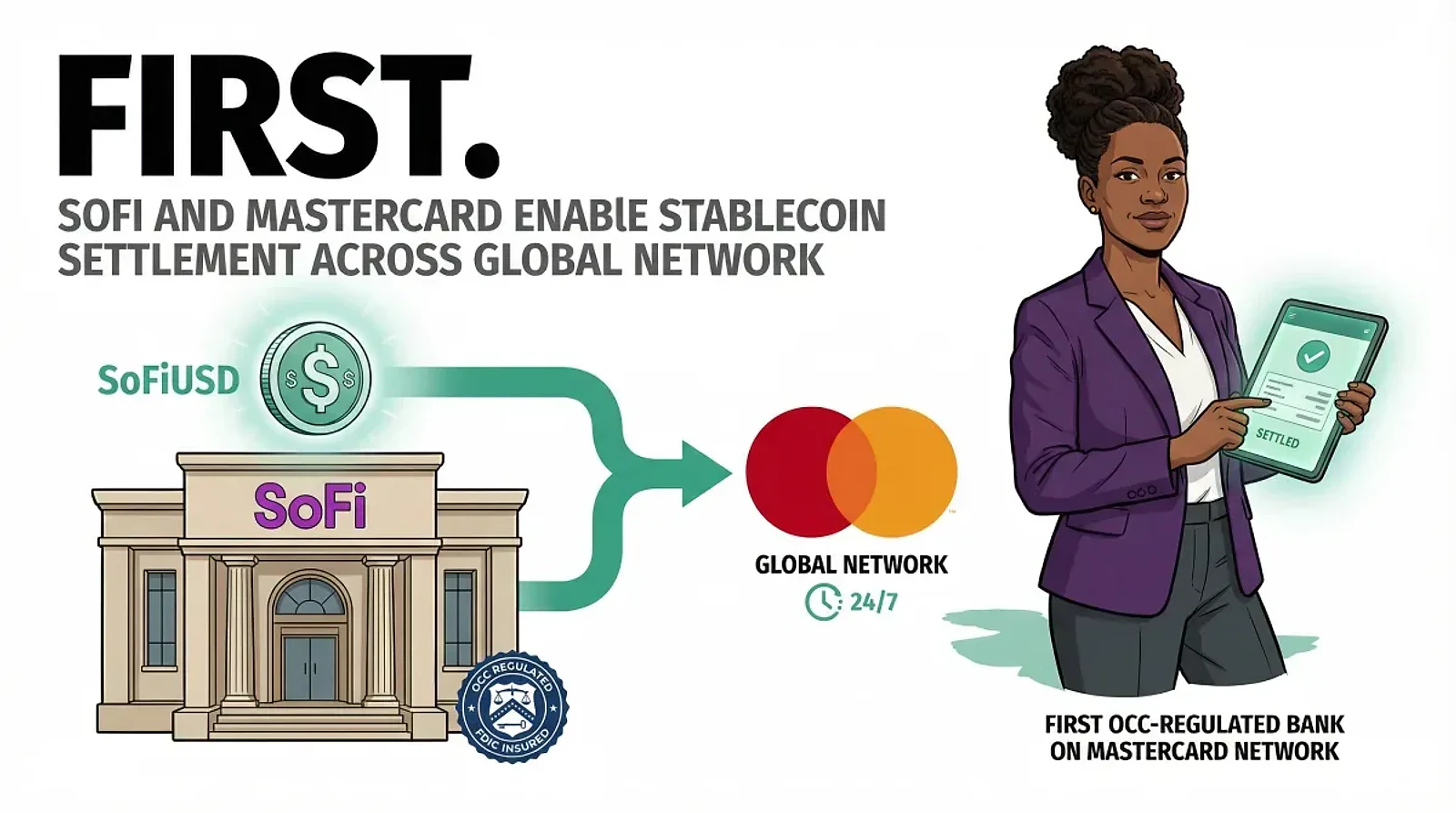 SoFi and Mastercard Partner to Enable SoFiUSD Stablecoin Settlement Across Global Network — editorial cover artwork