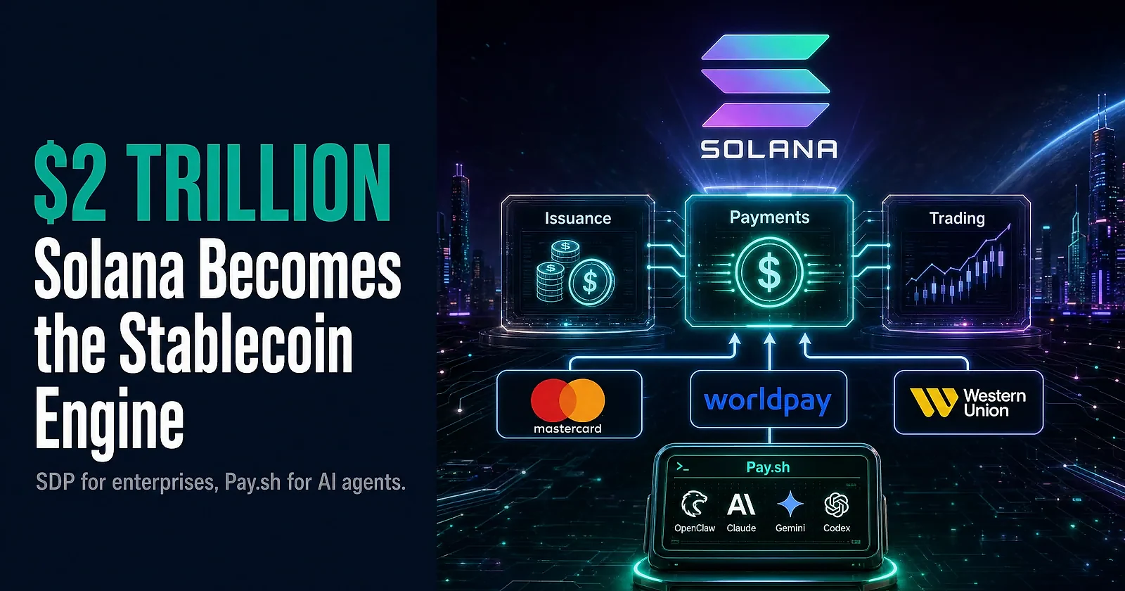 Solana SDP and Pay.sh: The $2 Trillion Stablecoin Engine Becomes the Agentic Payment Layer — editorial cover artwork