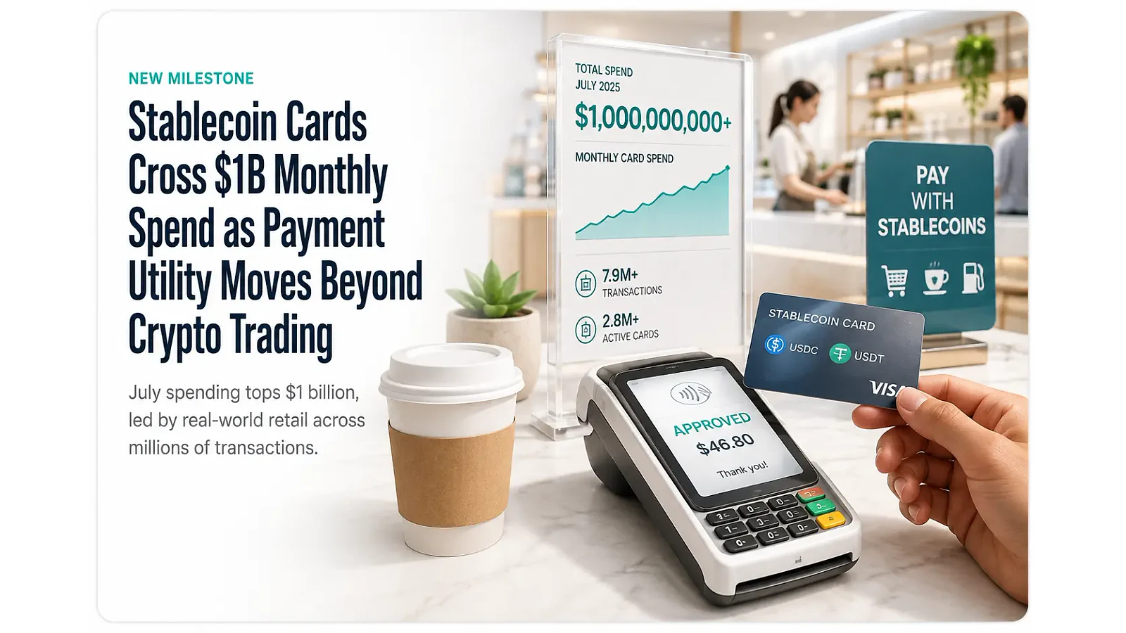 Stablecoin card spending crosses $1 billion in a month as payment use moves beyond crypto trading — editorial cover artwork