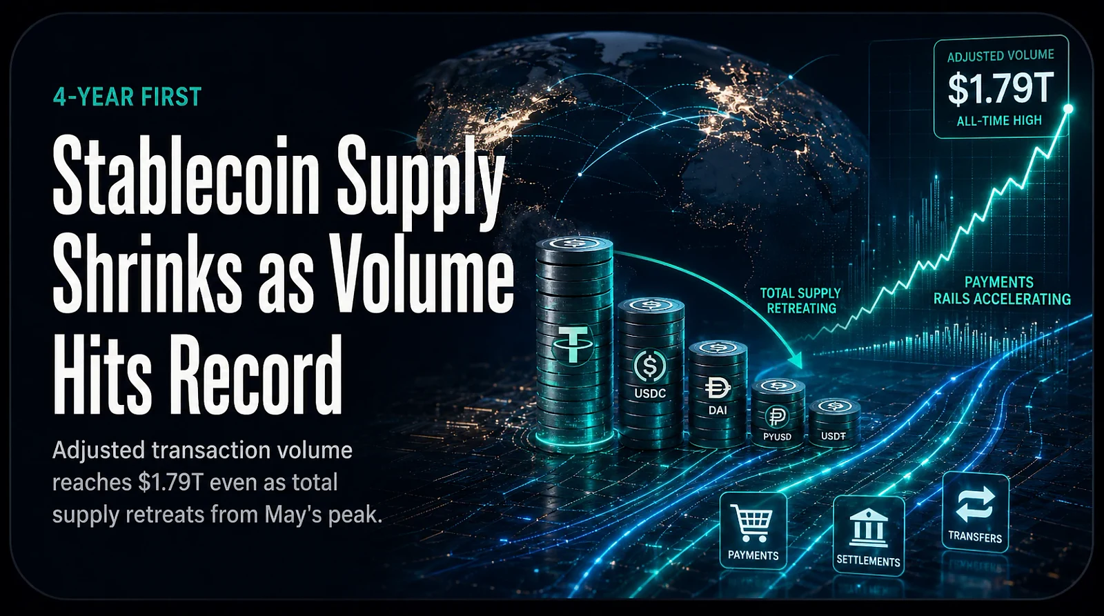 Stablecoin Market Shrinks for First Time in Four Years as Adjusted Volume Hits $1.79 Trillion All-Time High — editorial cover artwork