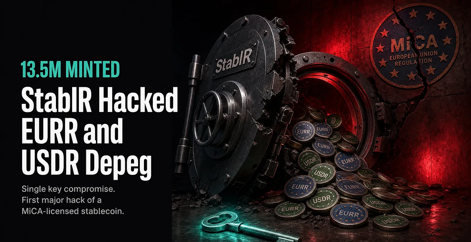 StablR Hacked: Attacker Mints $13.5M in EURR and USDR After Multisig Key Compromise — editorial cover artwork