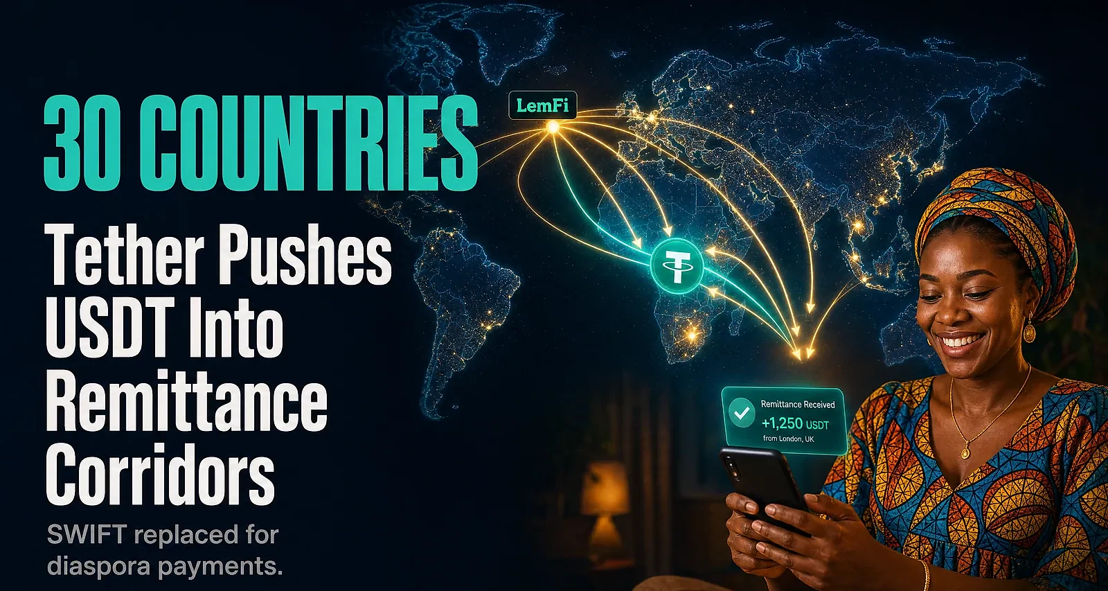Tether Backs LemFi to Push USDT Into 30-Country Remittance Corridors — editorial cover artwork