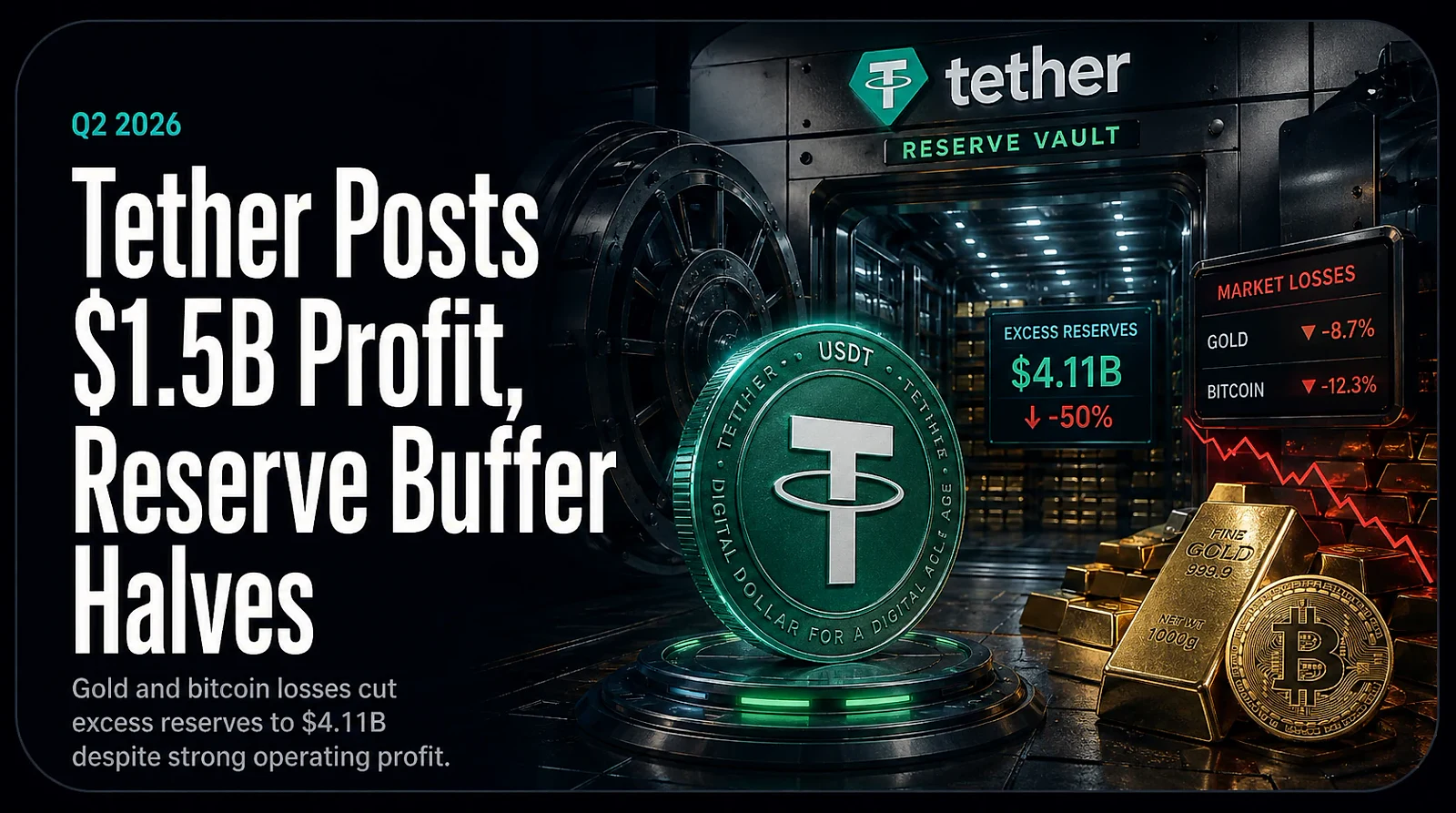Tether Q2 2026: $1.5B Profit but Reserve Buffer Halves to $4.11B on Gold and Bitcoin Losses — editorial cover artwork