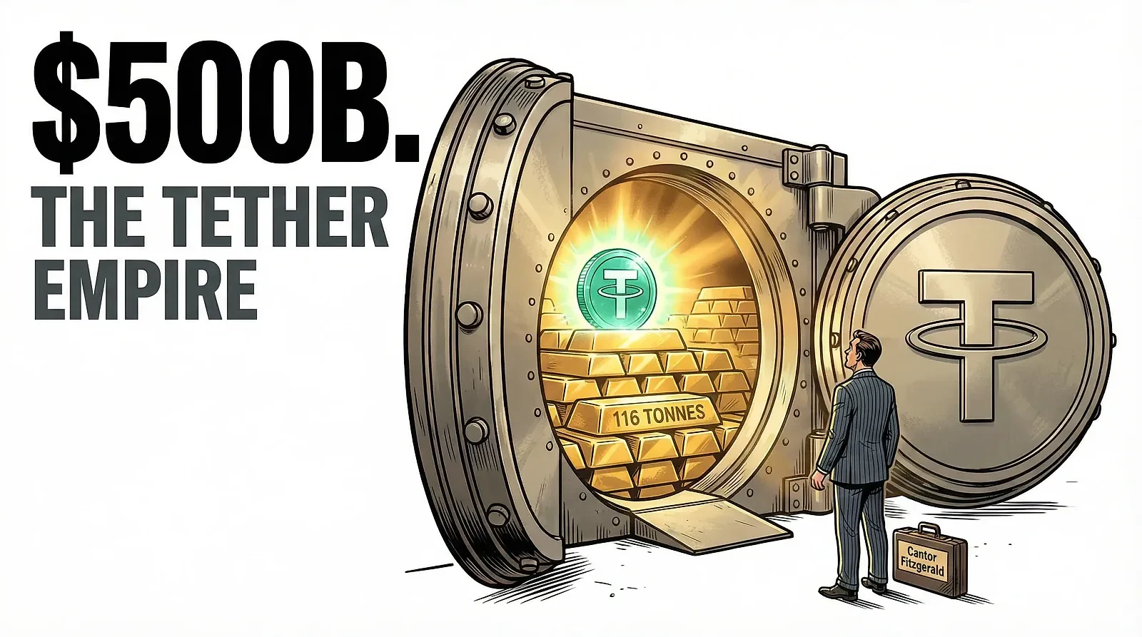Tether Seeks $15-20B at $500B Valuation as KPMG Audit and 116-Tonne Gold Position Signal Empire Ambitions — editorial cover artwork