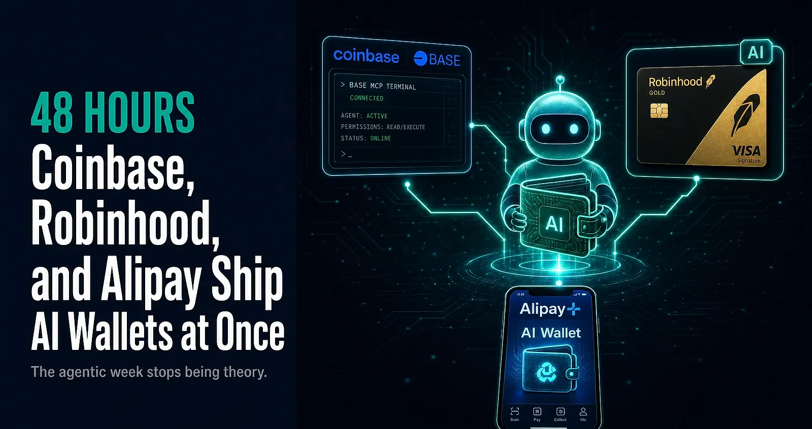 The Agentic Finance Week: Coinbase, Robinhood, and Alipay Ship AI Wallets in 48 Hours — editorial cover artwork