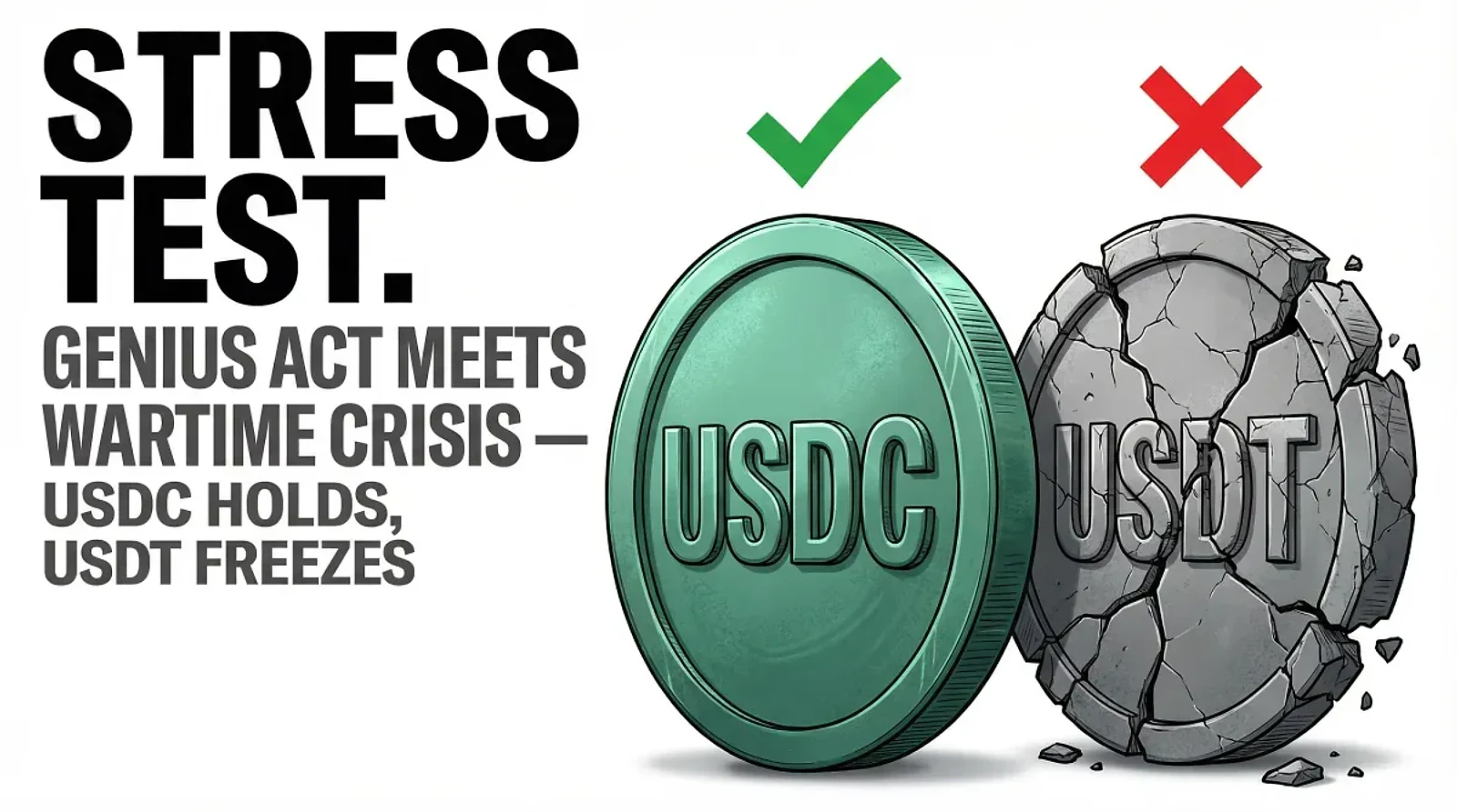 The GENIUS Act Faces Its First Wartime Stress Test as USDC Holds Peg and USDT Freezes in Iran — editorial cover artwork